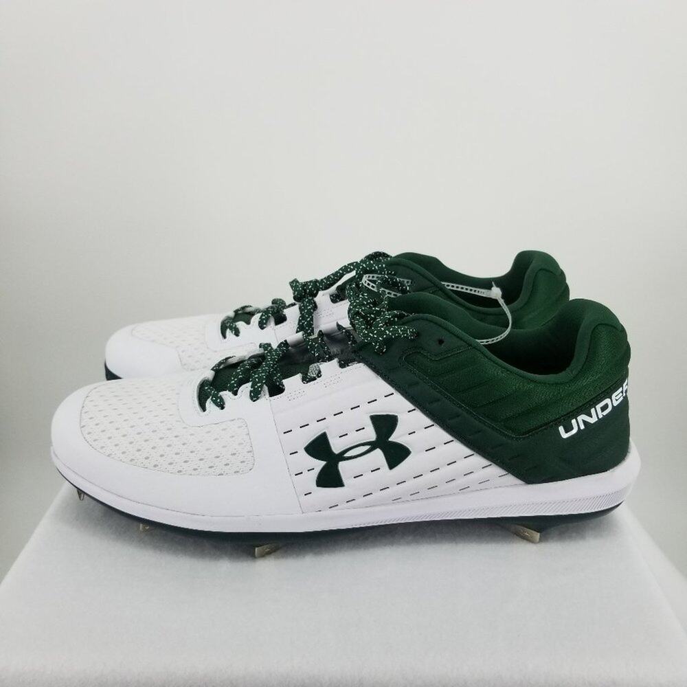 Under Armour Yard Low ST Metal Baseball Cleats 16‎ Mens White Green Lace Up NEW